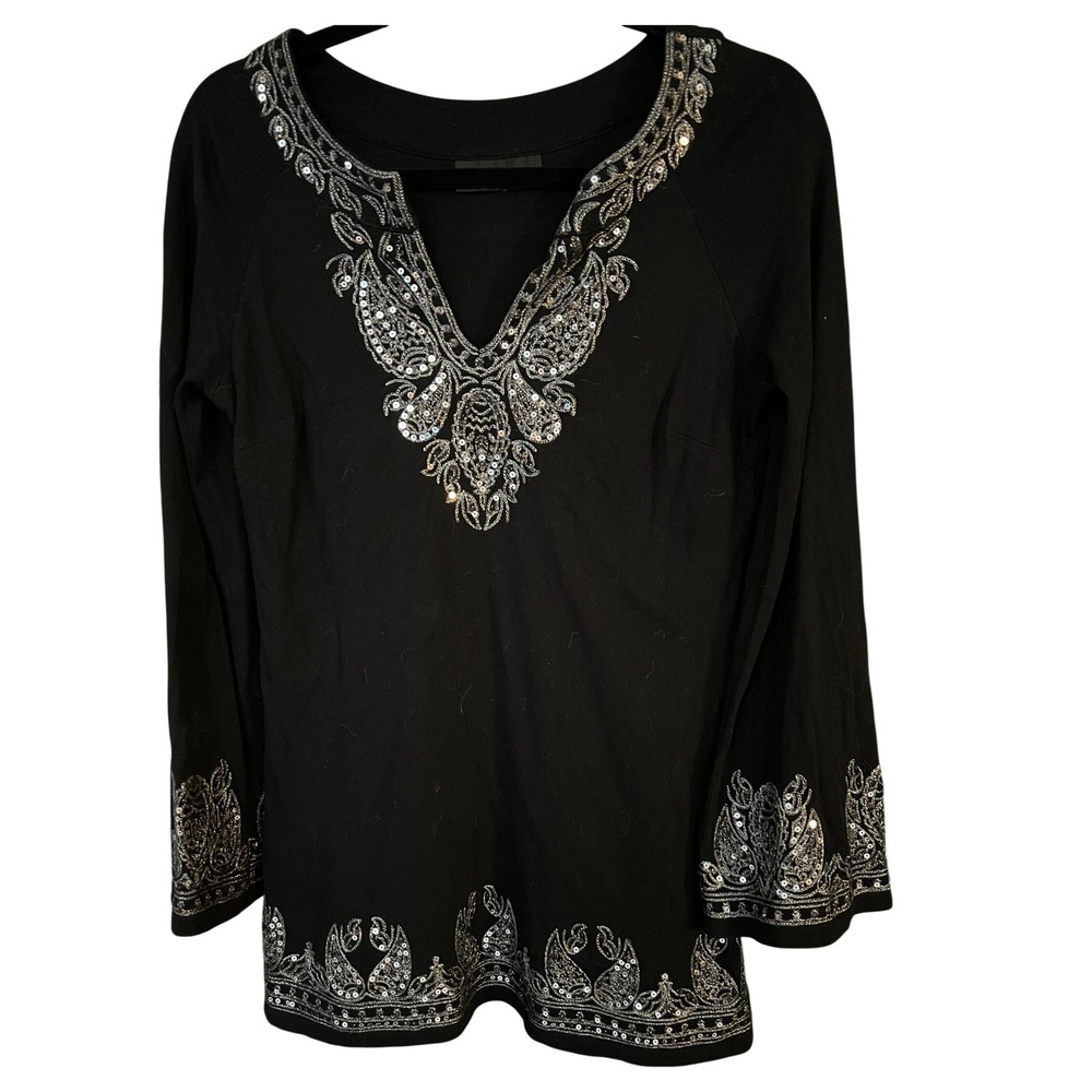 INC International Concepts Petite Black Sequin Embroidered Tunic Top Size Medium